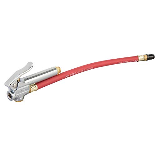 Steelman Straight Air Chuck Tire Inflator with Built-in Gauge and 12-inch Hose, Measures 10-90 PSI, Push-on Chuck, Steel Casing with Brass Fittings - color: Red