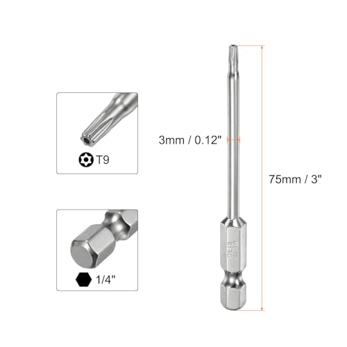 HARFINGTON 2pcs T9 Security Torx Bit 1/4" Hex Shank 3" Long S2 Steel Magnetic Tamper Resistant Star Bits Screwdriver Torx Head with Hole for Driver Drill Bits Remove Fastening Screws - size: T9