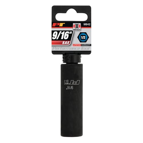Performance Tool M842 1/2 Drive Impact Socket, 9/16 - Chrome Vanadium, 6 Point Deep Socket for Heavy-Duty Jobs - Ideal for Automotive and Industrial Use - size: 9/16", style: Deep Wall Impact