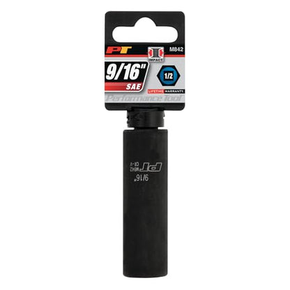 Performance Tool M842 1/2 Drive Impact Socket, 9/16 - Chrome Vanadium, 6 Point Deep Socket for Heavy-Duty Jobs - Ideal for Automotive and Industrial Use - size: 9/16", style: Deep Wall Impact