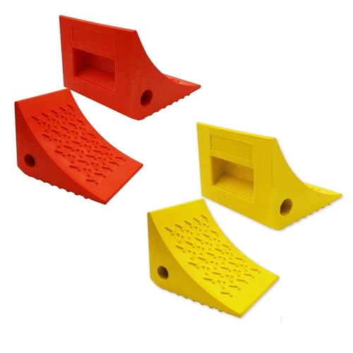 SECURITYMAN Heavy Duty Wheel Chocks (4 Pack) - Durable, Non-Slip, Solid Rubber Wheel Chocks for Boat Trailers, RV, Truck, Camper - Perfect on All Surfaces and in All Weather - (2X Orange & 2X Yellow)