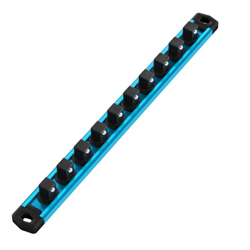 WORKPRO Magnetic Socket Organizer, Heavy Duty 1/2-Inch Drive Socket Rail | 1 Piece Socket Holder with 10 Spots, Aluminum Alloy, Rotatable & Movable Clips, Efficient Organization - color: Sky Blue, size: 1/2" DR