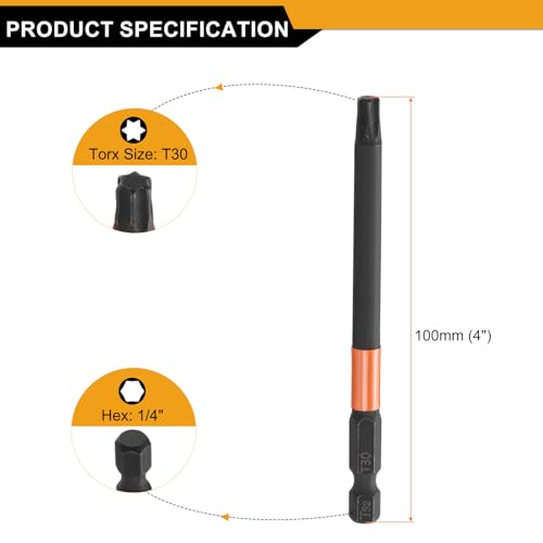 HARFINGTON 3pcs T30 Torx Head Screwdriver Bit 4" (100mm) Long 1/4" Hex Shank Magnetic No Hole Tamper Proof 6 Point Star Screw Driver Drill Bits Phosphate S2 Steel Industrial Power Tools - size: T30 x 100mm