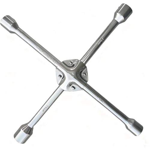 14" Reinforced Cross Lug Wrench - Chrome Plated 4 Way Tire Iron - Extra Heavy Duty for Truck, SUV & Van - High Carbon Steel, SAE Sizes (9/16", 5/8", 11/16", 3/4") - color: Reinforced Cross Chrome