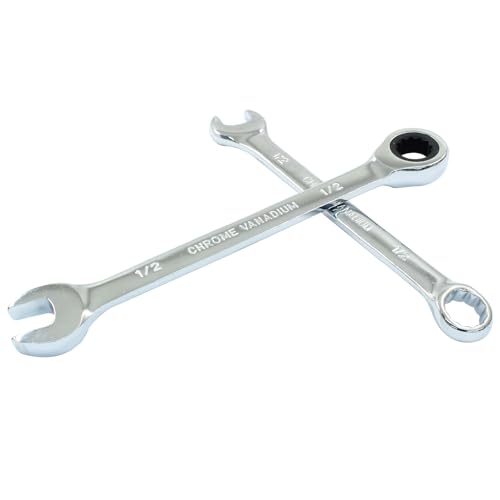 1/2 Inch Ratcheting Wrench 2 Pcs 72-Tooth 12-Point Chrome Plated | Forged 45# Carbon Steel Durable, 5-Degree Arc For Tight Spaces, 12-Point Protects Fasteners, Polished Chrome Anti-Rust - size: 0.50 Inch