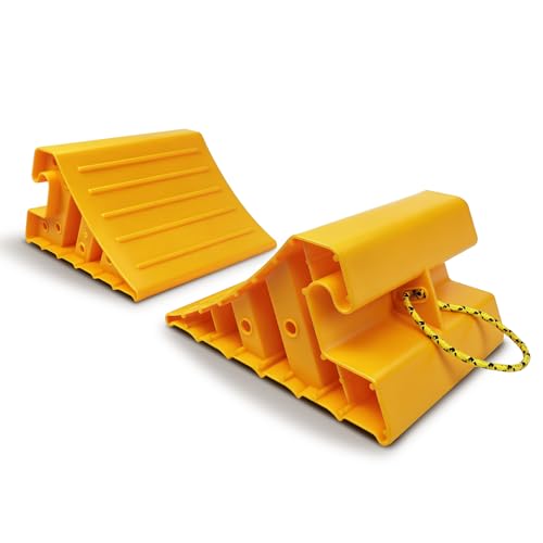 ROBLOCK 2 Pack Wheel Chocks for RV Trailer, Wider Lightweight Wheel Stops with Rope, Yellow Non-Slip Wheel Chocks for Travel Trailers, RV Accessories | Wider, Non-Slip, Lightweight