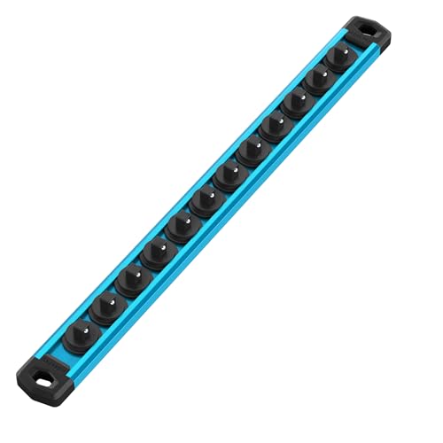 WORKPRO Magnetic Socket Organizer, Heavy Duty 1/4-Inch Drive Socket Rail | 1 Piece Socket Holder with 12 Spots, Aluminum Alloy, Rotatable & Movable Clips, Efficient Organization - color: Sky Blue, size: 1/4" DR