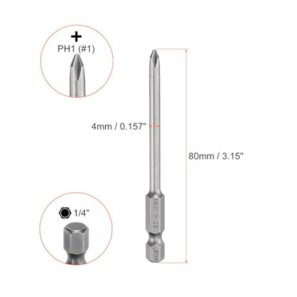 HARFINGTON 5pcs #1 Phillips Screwdriver Bit PH1 1/4" Hex Shank 3.15" (80mm) Long Magnetic S2 Steel Industrial Grade Screw Driver Bit Cross Head Electric Drill Bits 0.157" (4mm) Rod - size: PH1 x 80mm x 4mm