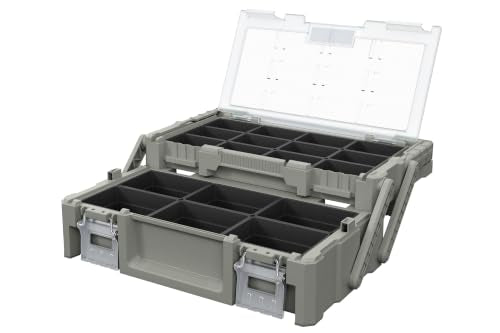 18" Cantilever Tool Box Organizer, Olive Green Heavy-Duty Tool Storage Box with 18 Removable Compartments, Metal Latches, Metal Carry Handle, Clear Lid & Two-Layer Full-Access Design - color: Olive Green, size: Cantilever
