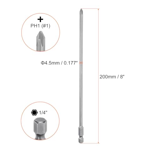 HARFINGTON 5pcs #1 Phillips Screwdriver Bit PH1 1/4" Hex Shank 8" (200mm) Long Magnetic S2 Steel Industrial Grade Screw Driver Bit Cross Head Electric Drill Bits 0.177" (4.5mm) Rod - size: PH1 x 200mm x 4.5mm