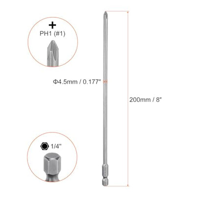 HARFINGTON 2pcs #1 Phillips Screwdriver Bit PH1 1/4" Hex Shank 8" (200mm) Long Magnetic S2 Steel Industrial Grade Screw Driver Bit Cross Head Electric Drill Bits 0.177" (4.5mm) Rod - size: PH1 x 200mm x 4.5mm