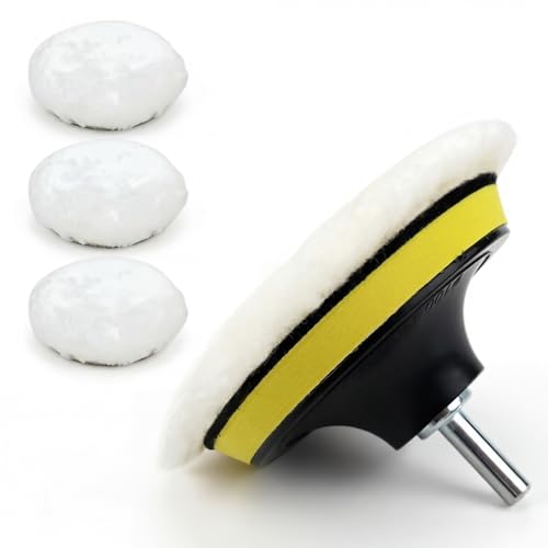 6Pcs 6 Inch Wool Polishing Buffing Pad with M14 Drill Adapter, Hook & Loop Backing Pad, Drill Polisher Attachment Buffing Wheel Set for Car, Glass, Tile, Tire Polishing & Waxing