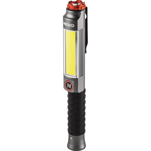 NEBO Big Larry 3 Work Light | Alkaline Batteries Included, 600 Lumens, 7 Light Modes, Magnetic COB Task Lamp & LED Flashlight, Steel Pocket Clip, Hands-Free Use, Water Resistant - color: Black, Gray, Orange, size: Big Larry 3
