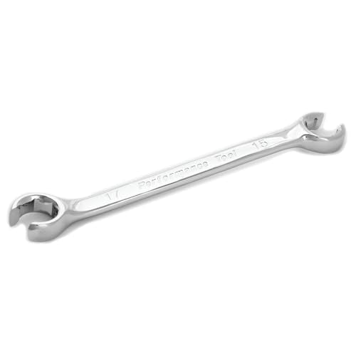 Performance Tool W30415 15 mm x 17 mm Metric Flare Nut Wrench | Automotive brake and fuel line tube wrench. 15-degree offset. Polished chrome alloy steel resists corrosion - size: 15mm x 17mm Flare Nut Wrench