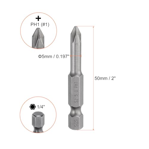 HARFINGTON 5pcs #1 Phillips Screwdriver Bit PH1 1/4" Hex Shank 2" (50mm) Long Magnetic S2 Steel Industrial Grade Screw Driver Bit Cross Head Electric Drill Bits 0.197" (5mm) Rod - size: PH1 x 50mm x 5mm