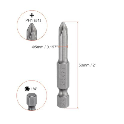 HARFINGTON 5pcs #1 Phillips Screwdriver Bit PH1 1/4" Hex Shank 2" (50mm) Long Magnetic S2 Steel Industrial Grade Screw Driver Bit Cross Head Electric Drill Bits 0.197" (5mm) Rod - size: PH1 x 50mm x 5mm
