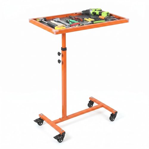 Adjustable Work Table with Wheels, 220 LBS Capacity Rolling Tool Tray | Orange, Heavy Duty Mobile Workbench with Non-Slip Mat, Carbon Steel Mechanic Tool Cart for Garage Tear Down & DIY - color: Orange