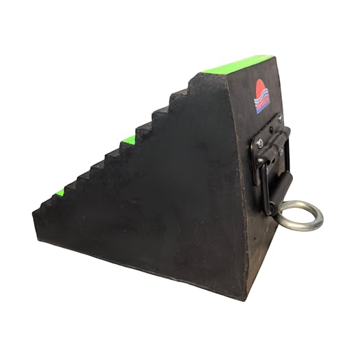 Heavy Duty 13 lb Rubber Wheel Chock with Spring Handle & Iron Ring, 3 Fluorescent Green Reflective Strips, Triangular Non-Slip for Trucks, RVs, Aircraft (Green 1 Pc) | Constructed from superior EPDM rubber, outperforming standard or recycled rubber. - col
