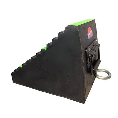 Heavy Duty 13 lb Rubber Wheel Chock with Spring Handle & Iron Ring, 3 Fluorescent Green Reflective Strips, Triangular Non-Slip for Trucks, RVs, Aircraft (Green 1 Pc) | Constructed from superior EPDM rubber, outperforming standard or recycled rubber. - col