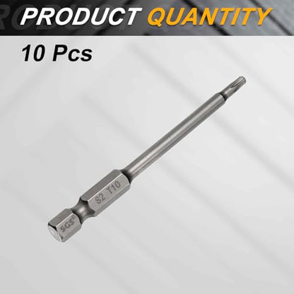 HARFINGTON 10pcs T10 Torx Head Screwdriver Bit 1/4" Hex Shank 3" (75mm) Long Magnetic No Hole Tip Tamper Proof 6 Point Star Screw Driver Drill Bits S2 Steel Industrial Power Screwdrivers - size: T10 x 3"