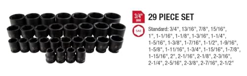 SUNEX TOOLS 4696 3/4-Inch Drive SAE Master Impact Socket Set, Standard, 6-Point, Cr-Mo, 3/4-Inch - 2-7/17-Inch, 29-Piece