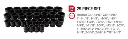 SUNEX TOOLS 4696 3/4-Inch Drive SAE Master Impact Socket Set, Standard, 6-Point, Cr-Mo, 3/4-Inch - 2-7/17-Inch, 29-Piece