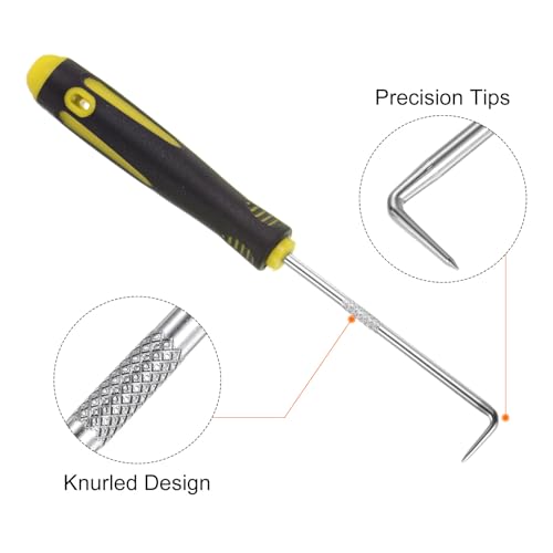 HARFINGTON 2pcs 90 Degree Picks 165mm Zinc Alloy Rubber Handle Round Automotive Pick Tool Set for Removing O Rings Small Items, Black Yellow