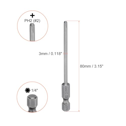 HARFINGTON 5pcs #2 Phillips Screwdriver Bit PH2 1/4" Hex Shank 3.15" (80mm) Long Magnetic S2 Steel Industrial Grade Screw Driver Bit Cross Head Electric Drill Bits 0.118" (3mm) Rod - size: PH2 x 80mm x 3mm