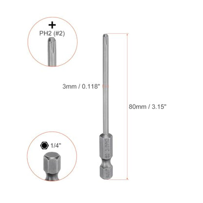 HARFINGTON 5pcs #2 Phillips Screwdriver Bit PH2 1/4" Hex Shank 3.15" (80mm) Long Magnetic S2 Steel Industrial Grade Screw Driver Bit Cross Head Electric Drill Bits 0.118" (3mm) Rod - size: PH2 x 80mm x 3mm