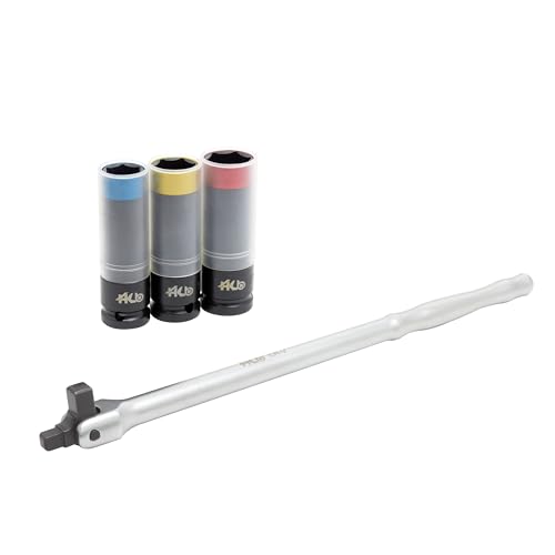 HB Wheel Protector Impact Socket & Dual-Drive Breaker Bar Set KKM001-U | 1/2" & 3/8" DR Flex Head Bar | Thin-Wall Color-Coded CR-MO Sockets 17mm 19mm 21mm with Protective Sleeves | Made in Taiwan - size: 1/2" DR. 17, 19, 21MM