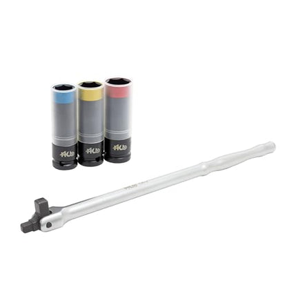 HB Wheel Protector Impact Socket & Dual-Drive Breaker Bar Set KKM001-U | 1/2" & 3/8" DR Flex Head Bar | Thin-Wall Color-Coded CR-MO Sockets 17mm 19mm 21mm with Protective Sleeves | Made in Taiwan - size: 1/2" DR. 17, 19, 21MM