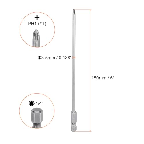 HARFINGTON 5pcs #1 Phillips Screwdriver Bit PH1 1/4" Hex Shank 6" (150mm) Long Magnetic S2 Steel Industrial Grade Screw Driver Bit Cross Head Electric Drill Bits 0.138" (3.5mm) Rod - size: PH1 x 150mm x 3.5mm