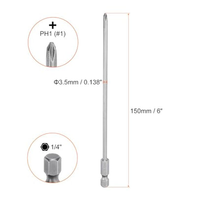HARFINGTON 5pcs #1 Phillips Screwdriver Bit PH1 1/4" Hex Shank 6" (150mm) Long Magnetic S2 Steel Industrial Grade Screw Driver Bit Cross Head Electric Drill Bits 0.138" (3.5mm) Rod - size: PH1 x 150mm x 3.5mm