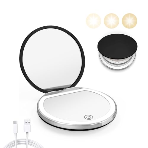Kakuje Compact Mirror with Light, 1X/3X Magnification LED Pocket Mirror with USB Data Cable,Mini Mirror for Purse, Pocket,Travel and Present (Black) - color: Black