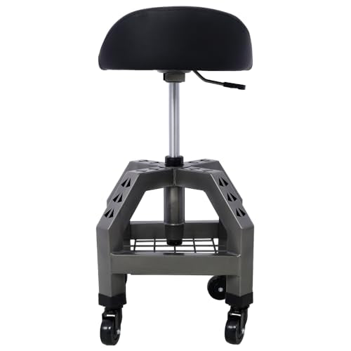 Mechanic Stool with Wheels, 360 Degree Swivel Rolling Garage Stool with 22.5”-27.5” Height Adjustment, 330 LBS Capacity, Tool Tray, Heavy Duty Creeper Seat, Shop Stool for Workshop (Gray) - color: Grey