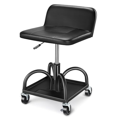 DNA Motoring Rolling Padded Seat Adjustable Height Seat 330lbs Capacity Rolling Mechanic Creeper Stool, W/Tool Storage Drawer & Tray, Black, TOOLS-00600 - style: Square Tray Black