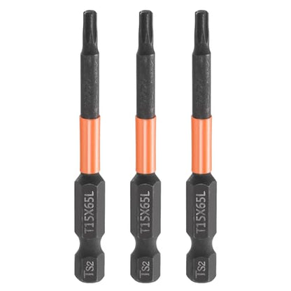 HARFINGTON 3pcs T15 Torx Head Screwdriver Bit 2.56" (65mm) Long 1/4" Hex Shank Magnetic No Hole Tamper Proof 6 Point Star Screw Driver Drill Bits Phosphate S2 Steel Industrial Power Tools - size: T15
