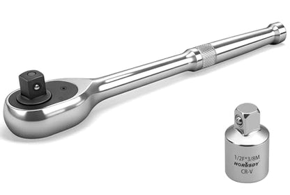 HORUSDY 1/2" Drive 90T Quick-Release Ratchet Handle, Reversible Chrome Alloy Socket Wrench with 1/2" to 3/8" Adapter, Durable and Comfortable for Automotive, DIY, Industrial and Bicycle Repairs - style: 1/2" Drive 90T