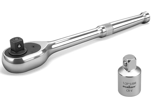 HORUSDY 1/2" Drive 90T Quick-Release Ratchet Handle, Reversible Chrome Alloy Socket Wrench with 1/2" to 3/8" Adapter, Durable and Comfortable for Automotive, DIY, Industrial and Bicycle Repairs - style: 1/2" Drive 90T