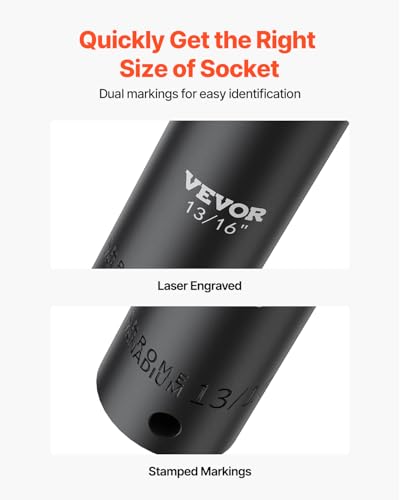 VEVOR Impact Socket Set, 1/2" 19 Piece Impact Sockets, Deep Socket, 6-Point Sockets, 1/2 Inches Drive Socket Set Impact 3/8 inch - 1-1/2 inch, Cr-V Rugged Construction, with a Storage Cage - style: 1/2" 19PCS