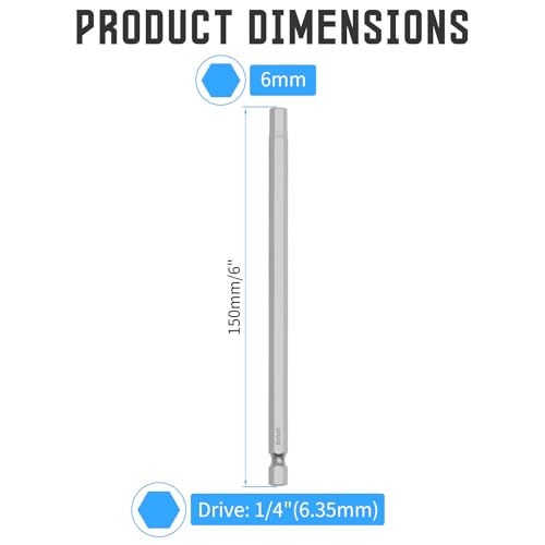 5 Pcs H6 S2 Steel Hex Bit, 6mm, 150mm Length, 1/4" Shank | Magnetic Hex Allen Wrench Screwdriver Bit, 1/4" Hex Shank, Impact Driver Bit for Furniture, Auto Repair & DIY - size: H6, style: 150mm