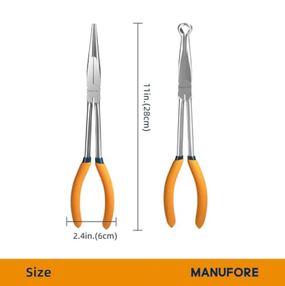 MANUFORE 5-Piece 11-Inch Long Reach Needle Nose Pliers Set for Tight Spaces | Straight, 45° & 90° Bent, Circle Nose and Diagonal, High Carbon Steel & CR-V, Comfort Grip for Better Control, Auto Repair - style: 5PCS