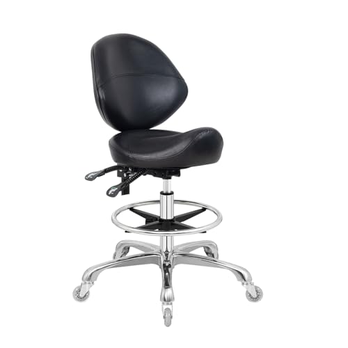 Saddle Stool Chair with Wheels,Ergonomic Swivel Rolling Height Adjustable for Salon Beauty Clinic Dentist Tattoo Home Office - color: Black, size: With Backrest