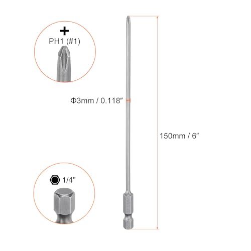HARFINGTON 5pcs #1 Phillips Screwdriver Bit PH1 1/4" Hex Shank 6" (150mm) Long Magnetic S2 Steel Industrial Grade Screw Driver Bit Cross Head Electric Drill Bits 0.118" (3mm) Rod - size: PH1 x 150mm x 3mm