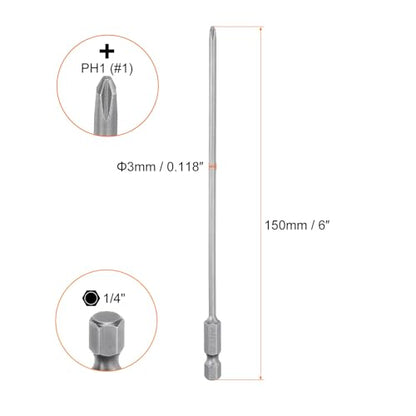 HARFINGTON 5pcs #1 Phillips Screwdriver Bit PH1 1/4" Hex Shank 6" (150mm) Long Magnetic S2 Steel Industrial Grade Screw Driver Bit Cross Head Electric Drill Bits 0.118" (3mm) Rod - size: PH1 x 150mm x 3mm
