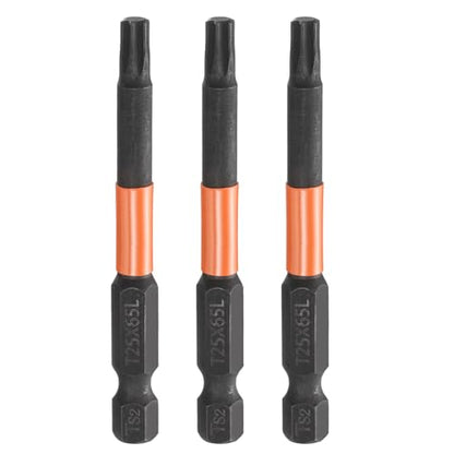 HARFINGTON 3pcs T25 Torx Head Screwdriver Bit 2.56" (65mm) Long 1/4" Hex Shank Magnetic No Hole Tamper Proof 6 Point Star Screw Driver Drill Bits Phosphate S2 Steel Industrial Power Tools - size: T25