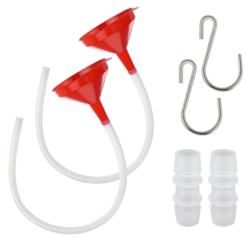 2-Pack Plastic Wide Mouth Funnels with 6.56 ft Clear Hoses & Hooks | Transmission Funnel Kit with cuttable 6.56 ft clear hoses, connectors and S-hooks, for oil, fuel, water and fluids