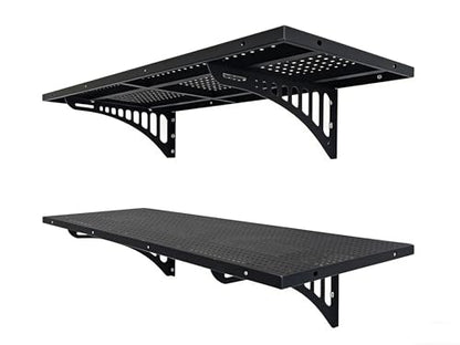 2 Pack 3.8 FT x 1.4 FT Heavy Duty Garage Wall Shelving, 530+ lbs Load Capacity per Shelf Wall Mounted Storage Shelf, Metal Garage Shelving with Hooks, Black (2 Pack)