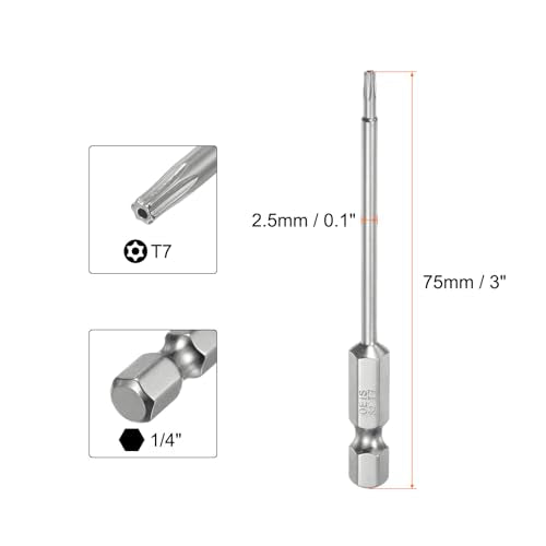HARFINGTON 2pcs T7 Security Torx Bit 1/4" Hex Shank 3" Long S2 Steel Magnetic Tamper Resistant Star Bits Screwdriver Torx Head with Hole for Driver Drill Bits Remove Fastening Screws - size: T7