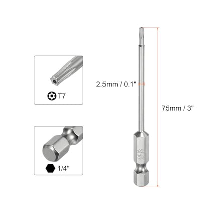 HARFINGTON 2pcs T7 Security Torx Bit 1/4" Hex Shank 3" Long S2 Steel Magnetic Tamper Resistant Star Bits Screwdriver Torx Head with Hole for Driver Drill Bits Remove Fastening Screws - size: T7